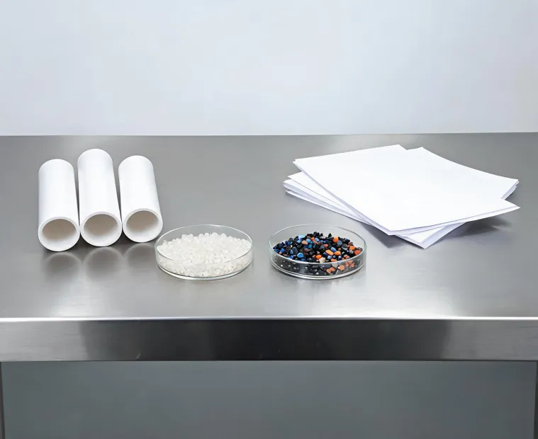 Polymer pellets and PVC pipe samples